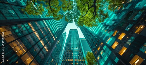 Sustainable glass office building in urban setting with tree for carbon dioxide reduction photo