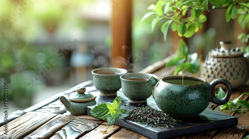 Tranquil Traditions: A Minimalist Tea Ceremony Setup in Asian Pottery photo
