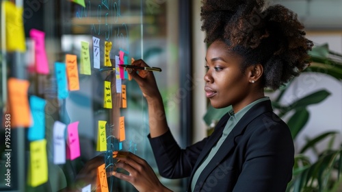 African American businesswoman creates project plan on office wall with sticky notes on office glass.