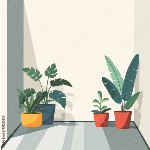 A few potted plants sit in a sunlit corner of a room. photo