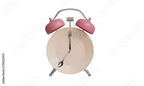 Pink Alarm clock and plate with utensils. The concept of intermittent fasting, lunch, diet, and weight losss (ID: 795225537)
