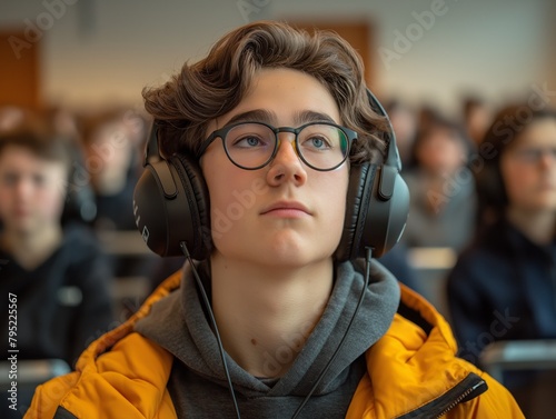 A young man wearing headphones and glasses is sitting in a classroom. He is looking at the camera with a serious expression. The scene suggests that he is focused on something important photo