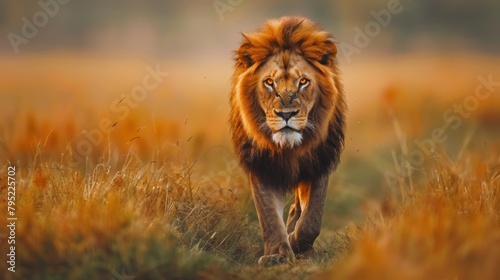 Beautiful king lion on savannah grass nature, with beautiful big eyes, With Beautiful blur Background,