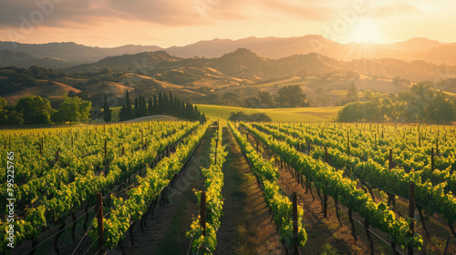 A vineyard with rows of vines and a beautiful sunset in the background