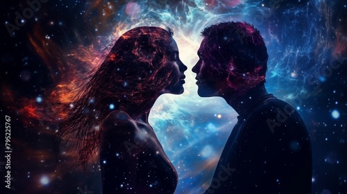 Man and woman silhouettes at abstract cosmic background. Human souls couple in love. Astral body, esoteric and spiritual life concept. photo