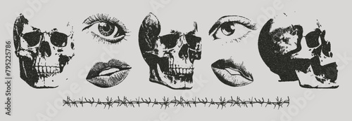 Trendy set with a grain effect. Human skull, eye, mouth in retro style of the 90s-2000s photocopies. Elements for the design of posters, banners, postcards, web design, social networks, collages. 