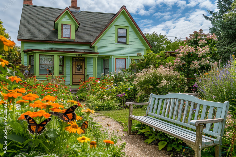 Full front view of a classic house in pastel green, with a butterfly-attracting flower garden and a quaint, wooden bench.