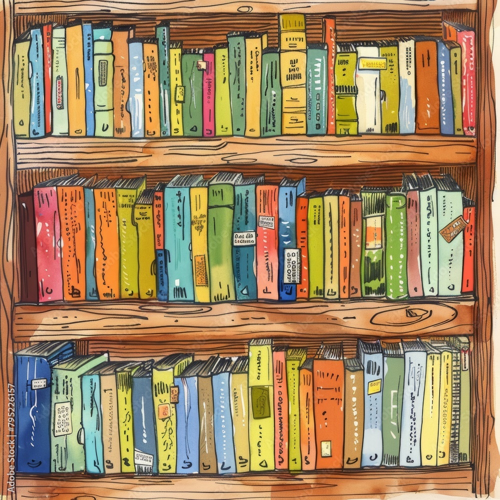 A watercolor painting of a wooden bookshelf filled with colorful books. A watercolor painting of a wooden bookshelf filled with colorful books.