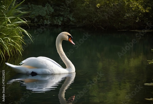a swan is swimming in the water with a foggy background 