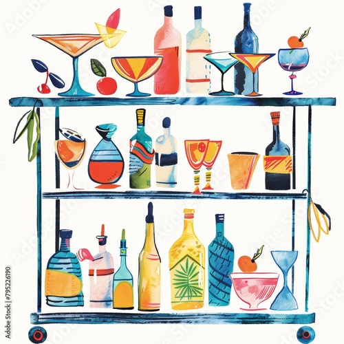 An illustration of a bar cart with colorful bottles and glasses on it.