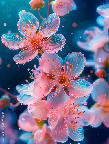Delicate blue, pink flowers on dark background
