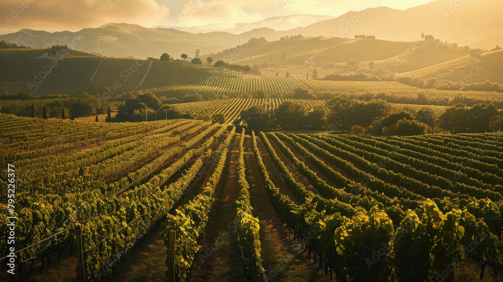 Obraz premium A large field of grape vines with a beautiful sunset in the background