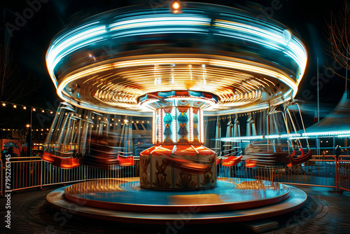Merry-go-round and Ferris wheel captured in motion blur during nighttime, achieved through extended exposure photography photo