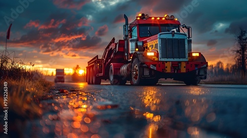 Vital Road Assistance for Commercial Vehicles Towing Service Aiding Stranded Truck During Dramatic Sunset