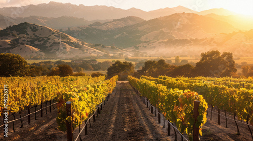 A vineyard with a beautiful view of the mountains photo