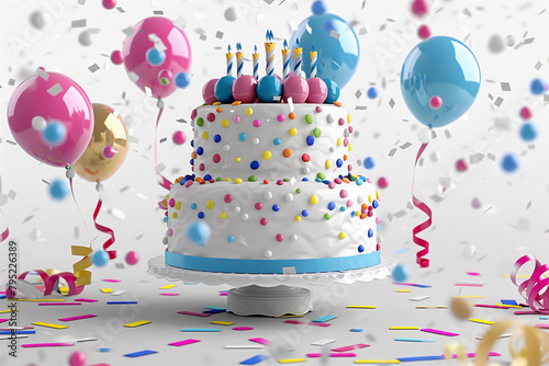 A visually striking image showcasing a meticulously crafted birthday cake set against a transparent background  complemented by lively balloons and ribbons rendered in stunning 3D.