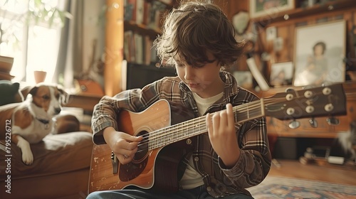 Young Musician's Devoted Practice in Heartwarming Living Room Surrounded by Family and Pets