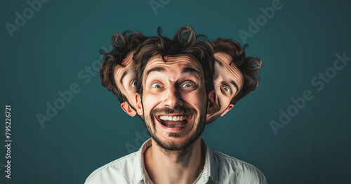 A man with a beard and a smile on his face. He is wearing a white shirt. The image is a collage of three men's faces, with the man in the middle. Happy man with two heads having fun photo