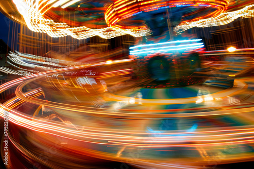 Merry-go-round and Ferris wheel captured in motion blur during nighttime, achieved through extended exposure photography photo