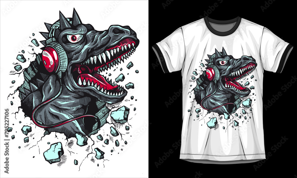 Monster with headphones t-shirt design vector Monster with headphones t-shirt design vector