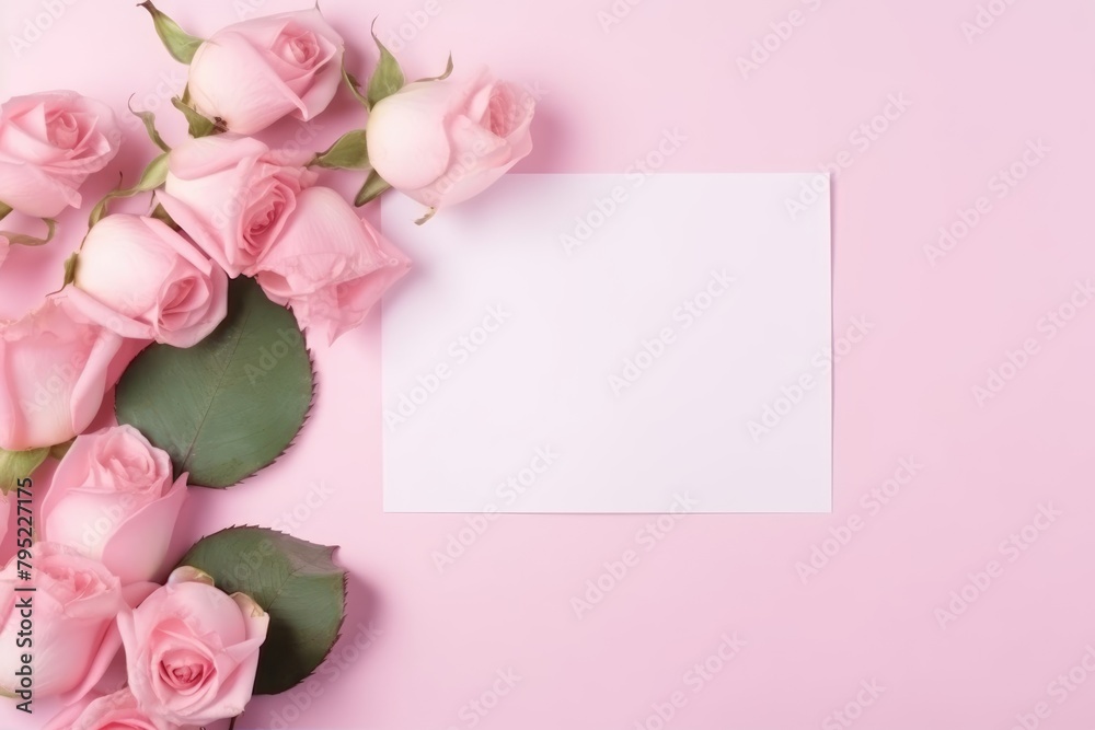 Elegant pink roses arrangement with a blank white card on a soft pink background, perfect for romantic messages. Romantic Pink Roses with Blank Card on Pink