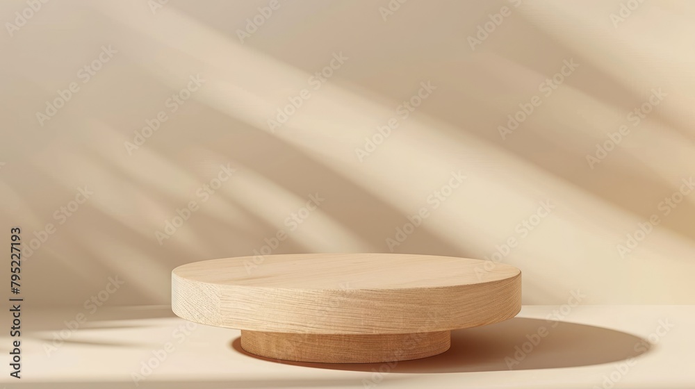 round wooden podium for product presentation on beige background with shadows