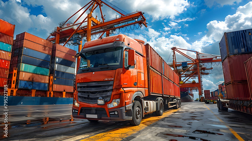 Global Trade Interconnectedness: A Heavy-Duty Truck Integrates Shipping Port photo