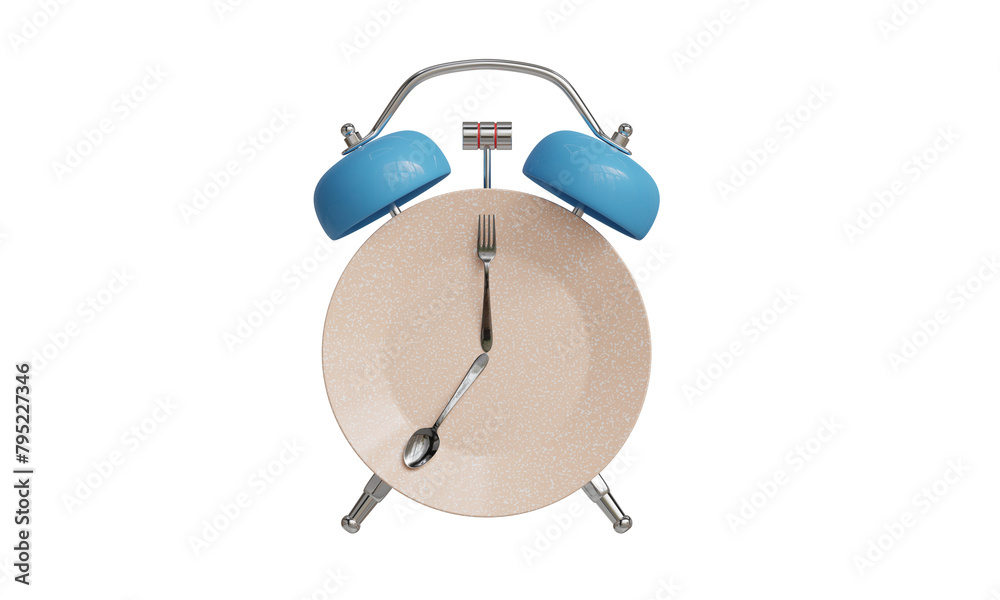 Blue Alarm clock and plate with utensils. The concept of intermittent fasting, lunch, diet, and weight losss Blue Alarm clock and plate with utensils. The concept of intermittent fasting, lunch, diet, and weight losss