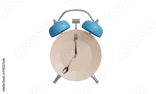 Blue Alarm clock and plate with utensils. The concept of intermittent fasting, lunch, diet, and weight losss (ID: 795227346)