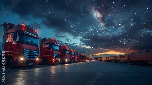 Long-Haul Transport Never Stops: A Row of Trucks Parked at a Rest Area Under the Night Sky photo