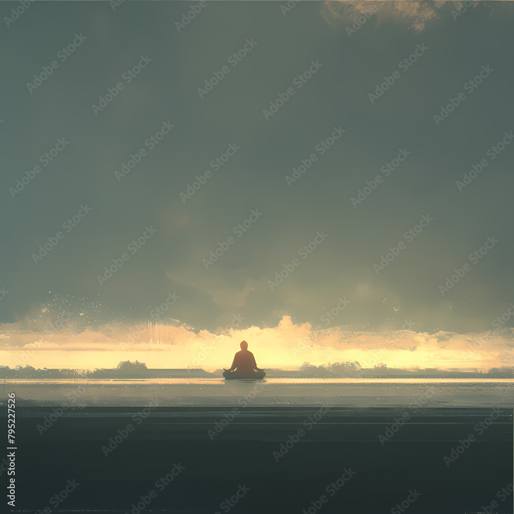 A tranquil scene featuring a lone person on a boat amidst the vastness of nature, evoking serenity and introspection.