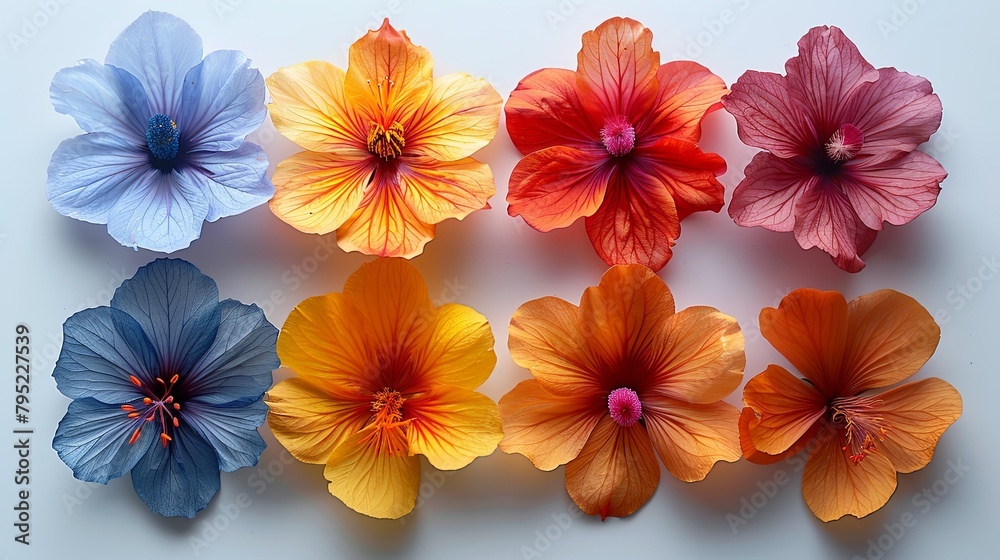 Eight hibiscus flowers of different colors on a white background Eight hibiscus flowers of different colors on a white background