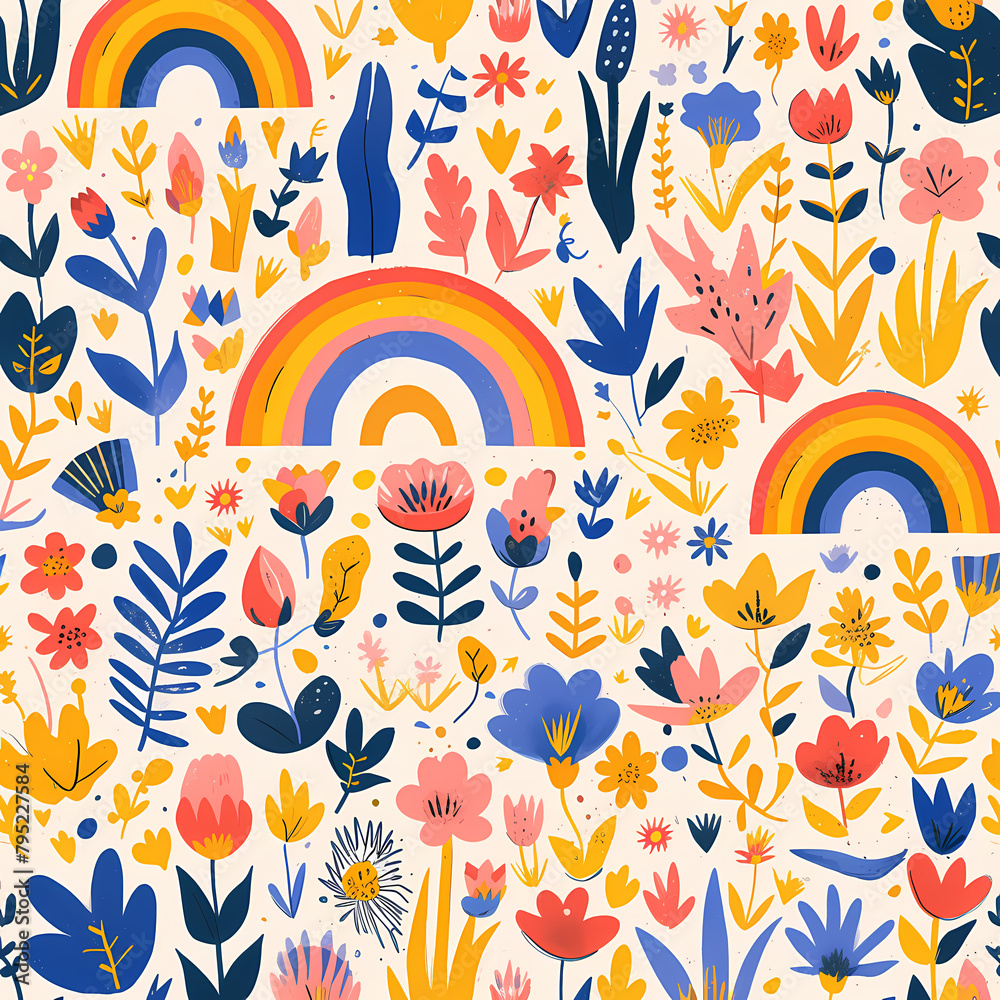 Euphoric Floral Print with Vibrant Sun and Flower Blossoms for Creative Projects