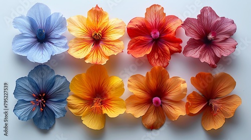 Eight hibiscus flowers of different colors on a white background