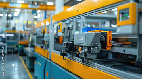 A factory floor with a machine that has a yellow and orange casing