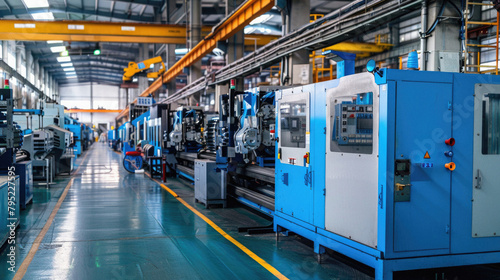 A factory with many machines and a blue machine with a white door