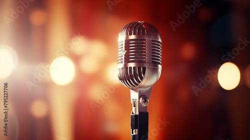 Microphone for singer music background with spot lighting. Concept Public speaking on stage with mic.