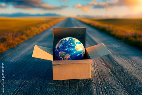 Open cardboard boxe with Earth globe on the road. International package delivery concept, global purchases transportation business.