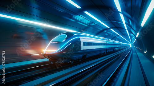 Super streamlined train with motion blur moves in tunnel.
