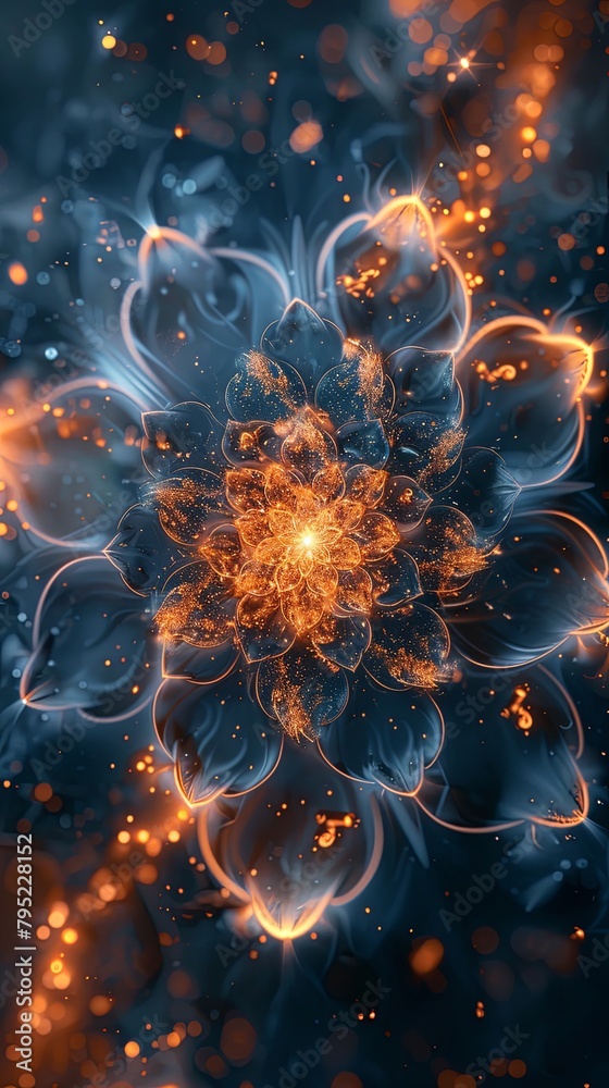 Blue and orange glowing fractal flower. Blue and orange glowing fractal flower.