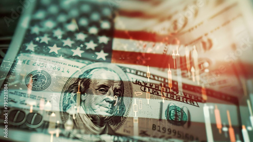Close up of a one dollar bill featuring the American flag alongside other dollar bills and stock market charts