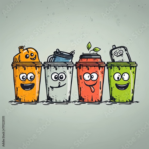 Four funny cartoon trash cans in a row photo