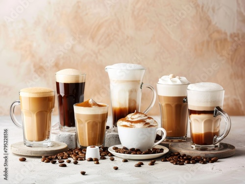 A variety of coffee drinks including lattes, cappuccinos, and mochas.