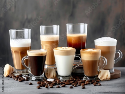 A variety of coffee drinks including lattes, cappuccinos, and mochas. photo
