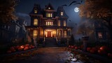 Laughing pumpkins in front of an old Victorian ghost haunted house. Night, smoke, fog, lights. Halloween concept.