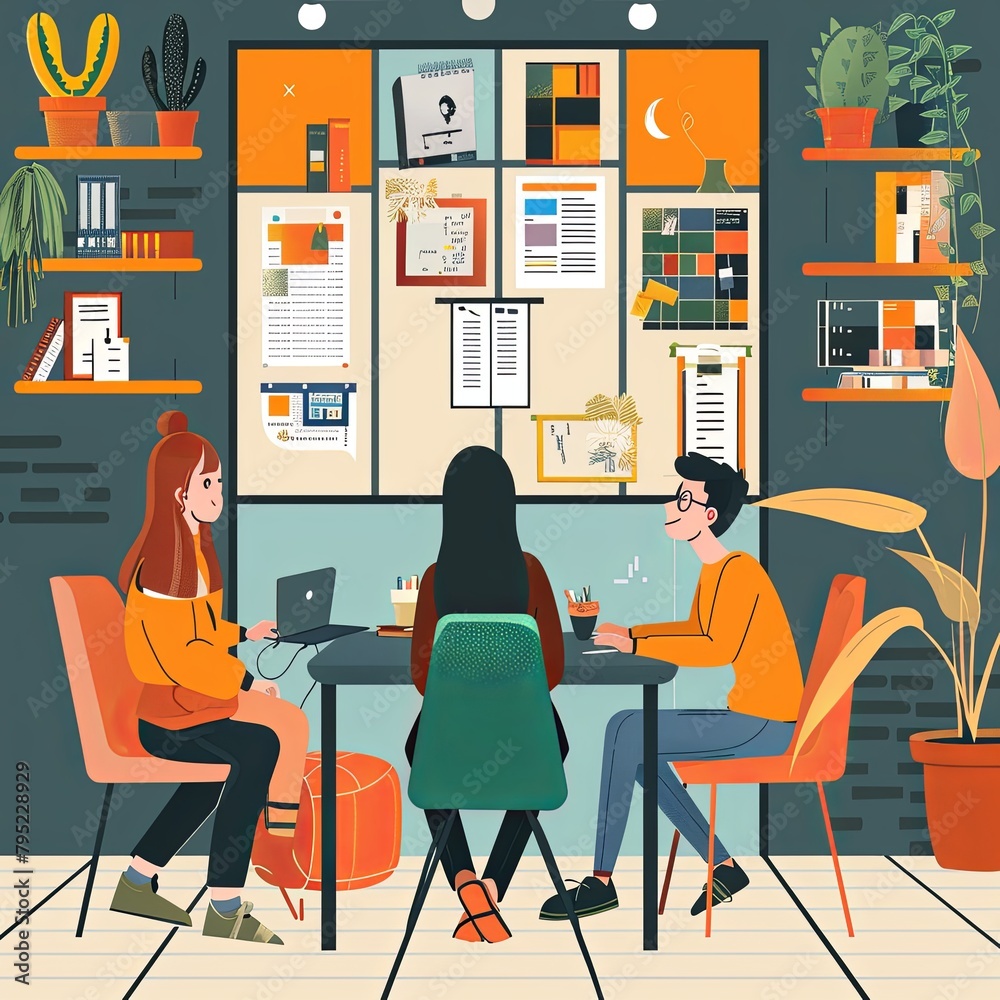 A group of young people are sitting around a table in a modern office space. They are all wearing casual clothes and look like they are working on a project together. There are plants and other decora