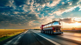 A tanker truck carrying petroleum products cruises down a highway against the backdrop of a vibrant sunset