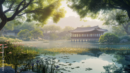 Joseon Dynasty Palace Pond Surrounded by Beautiful Wooden Architecture photo