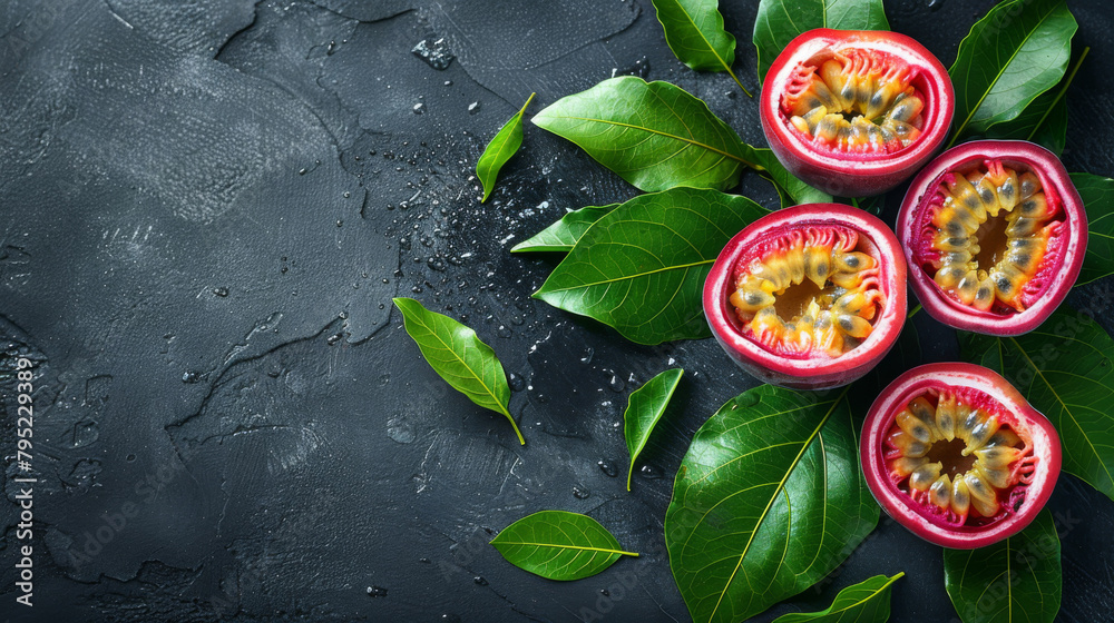 Fresh Passion Fruit on dark background. Freshness. Vitamin. Fruity. Copy space. Fresh Passion Fruit on dark background. Freshness. Vitamin. Fruity. Copy space.