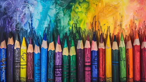 A row of colored pencils against a rainbow watercolor background.